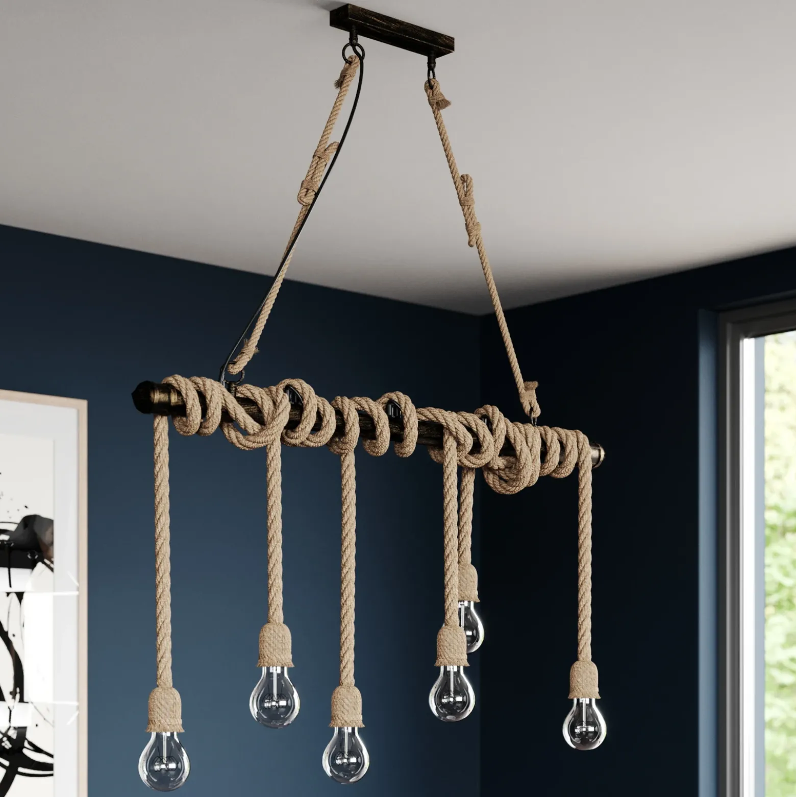 Lindby lámpara colgante Hajo, 100 cm, 6 luces, colgante de cuerda