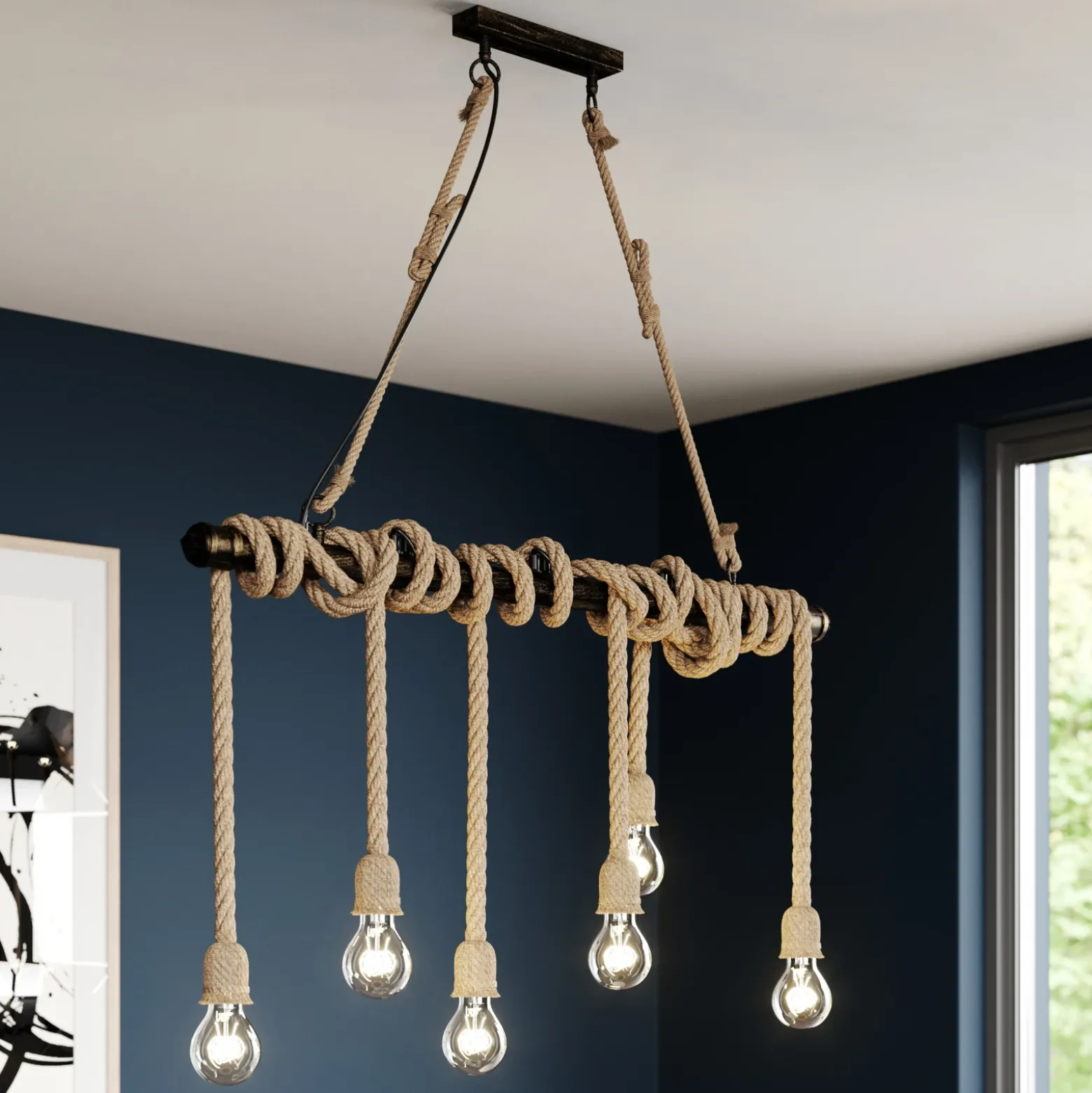 Lindby lámpara colgante Hajo, 100 cm, 6 luces, colgante de cuerda