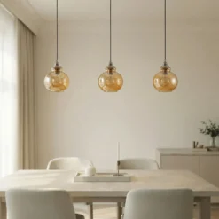 Lindby lámpara colgante Tymoni, 3 luces, ámbar, cristal, Ø 20 cm