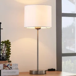 Lindby lámpara de mesa Annatina, blanco, níquel, altura 48 cm, textil