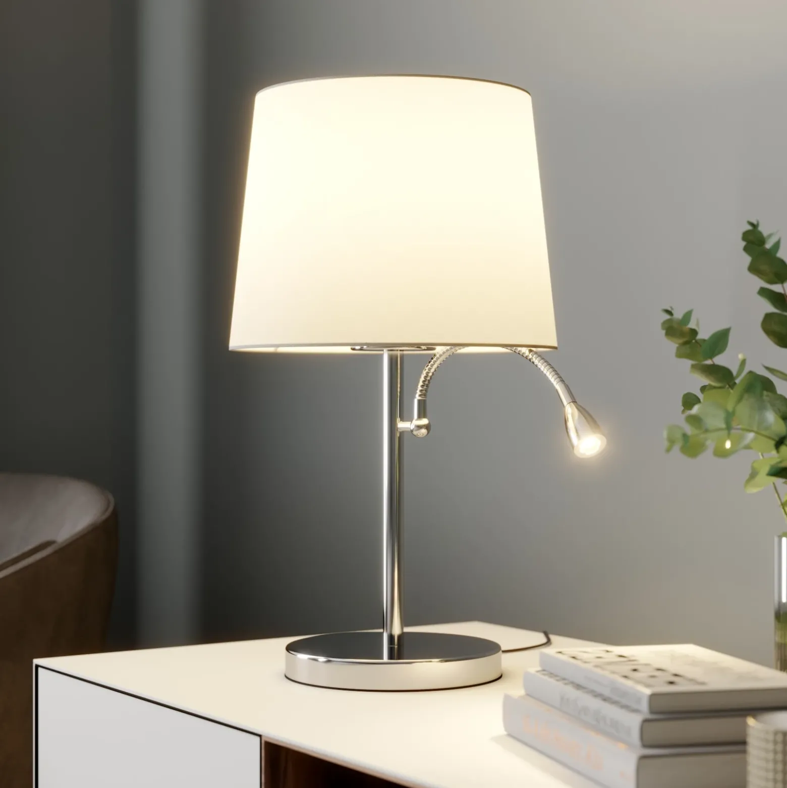 Lindby lámpara de mesa Benjiro, blanco, textil, lámpara de lectura, 52cm