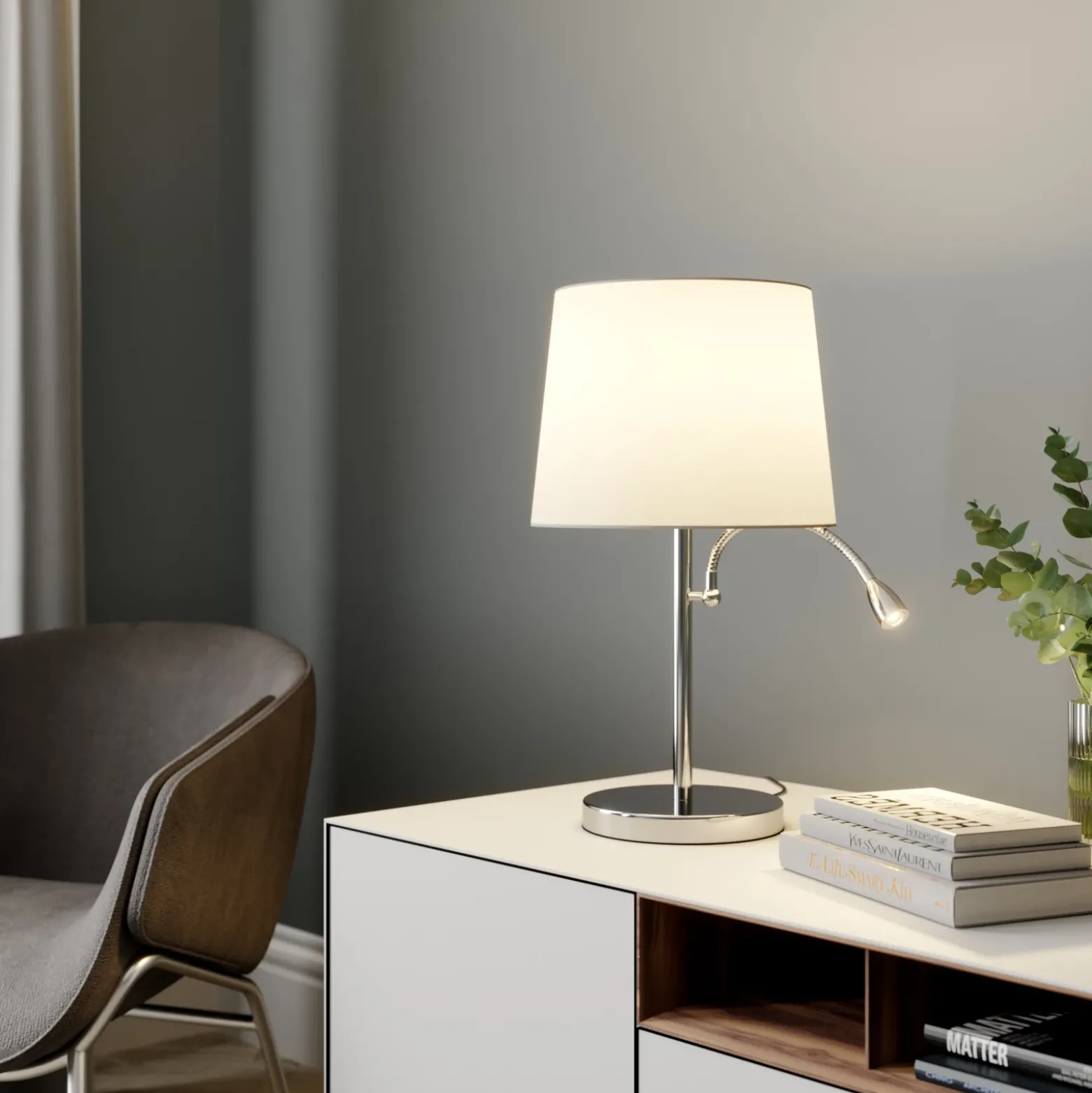 Lindby lámpara de mesa Benjiro, blanco, textil, lámpara de lectura, 52cm