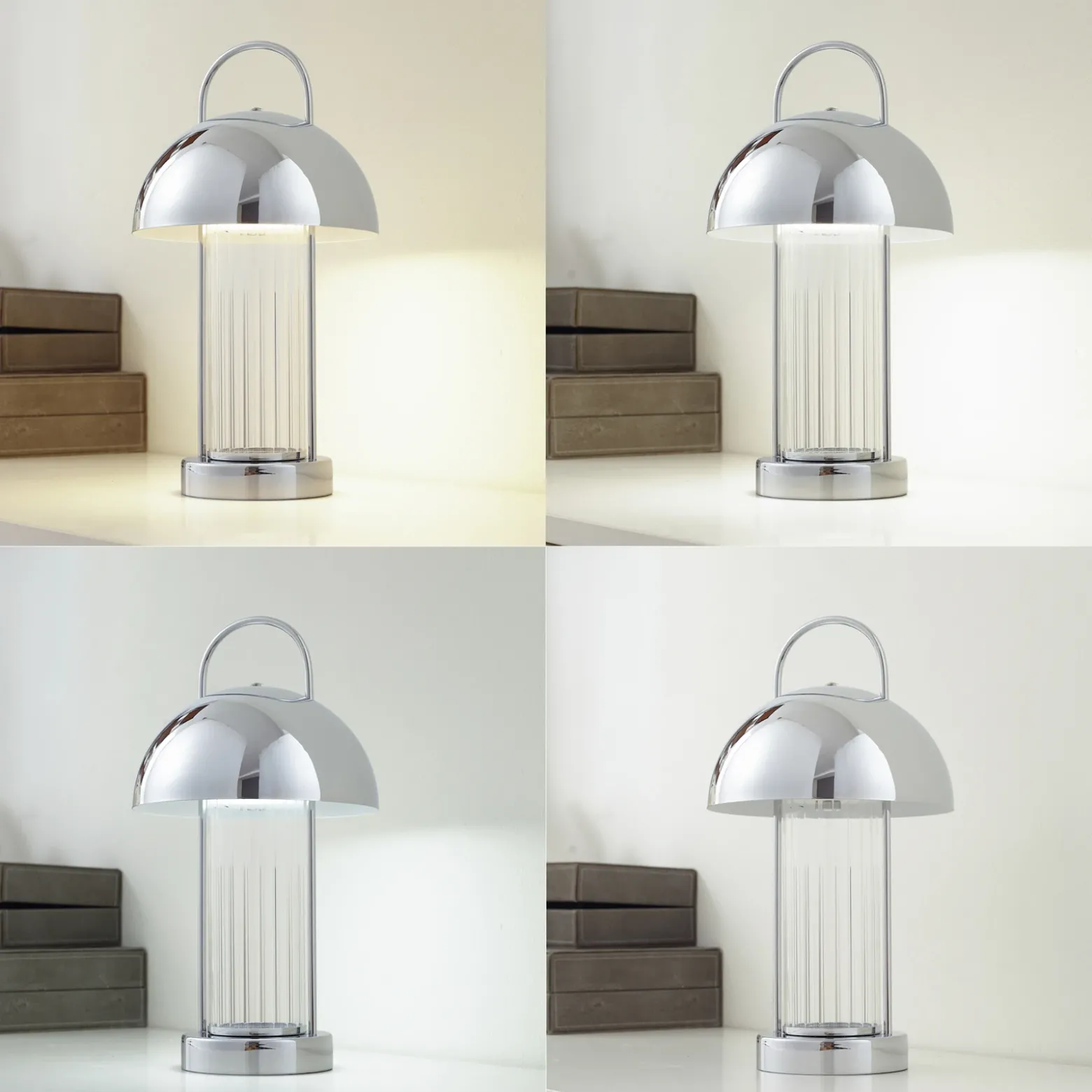 Lindby lámpara de mesa LED recargable Mareli, cromo, metal, Ø 18 cm