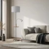 Lindby Lámpara de pie Aovan, color níquel, bandeja, conexión USB