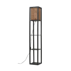 Lindby Lámpara de pie Birta, negro/natural, estantería, ratán