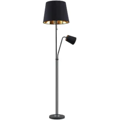 Lindby lámpara de pie Efalia, negro/oro, textil, brazo de lectura