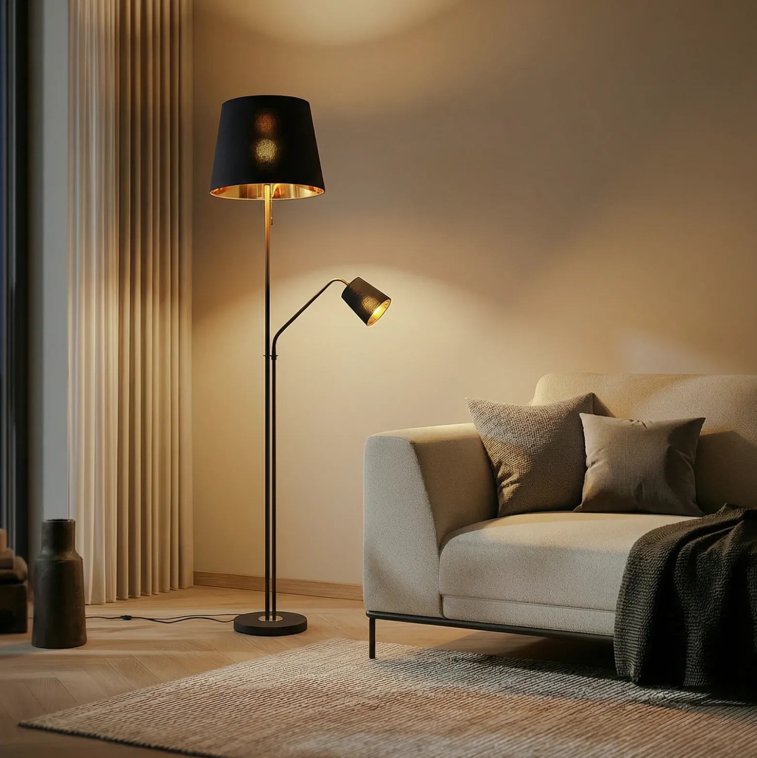Lindby lámpara de pie Efalia, negro/oro, textil, brazo de lectura