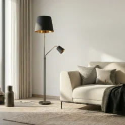 Lindby lámpara de pie Efalia, negro/oro, textil, brazo de lectura