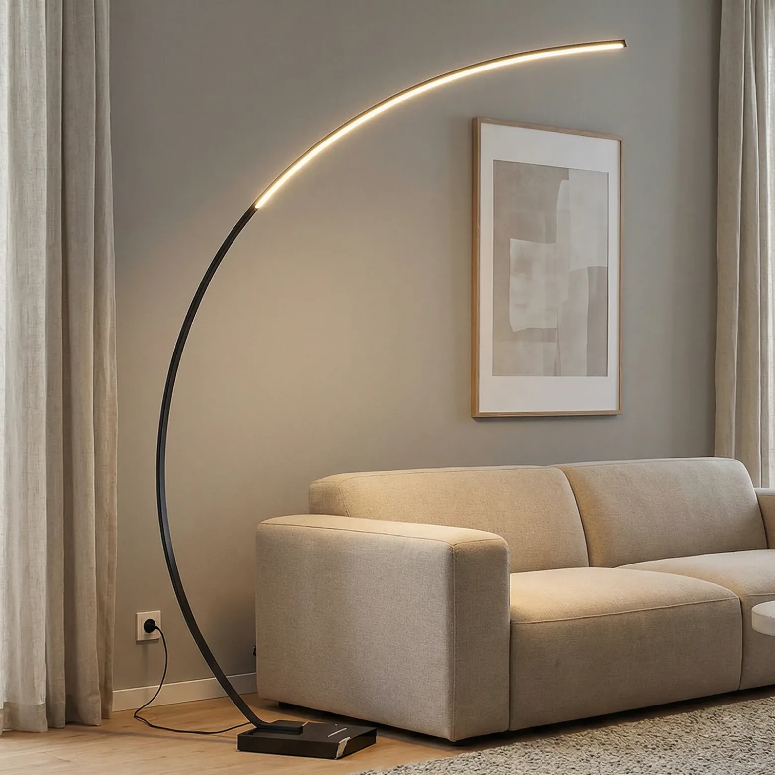 Lindby Lámpara de pie LED arqueada Kendra, negra, aluminio, altura 180cm