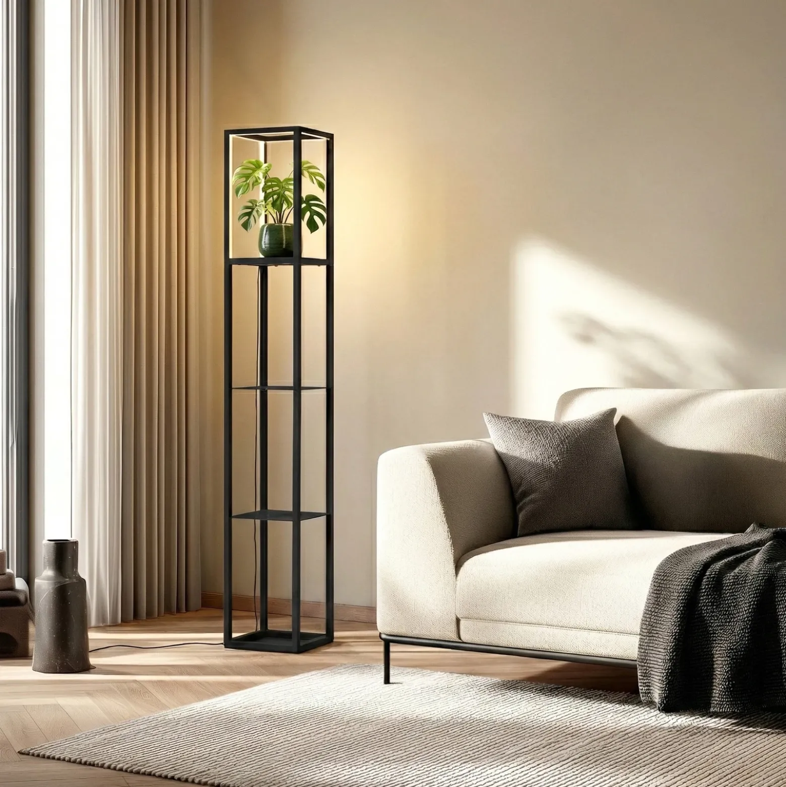 Lindby Lámpara de pie LED Birta, estantería, 155 cm, negro, metal