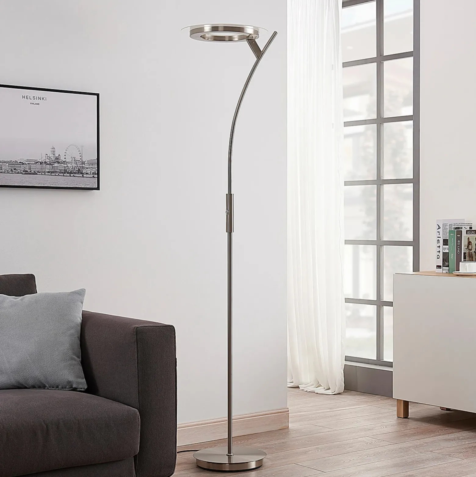 Lindby lámpara de pie LED Darion, gris, metal, atenuable, 180cm