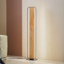 Lindby lámpara de pie LED Romilda, gris, madera, altura 122 cm