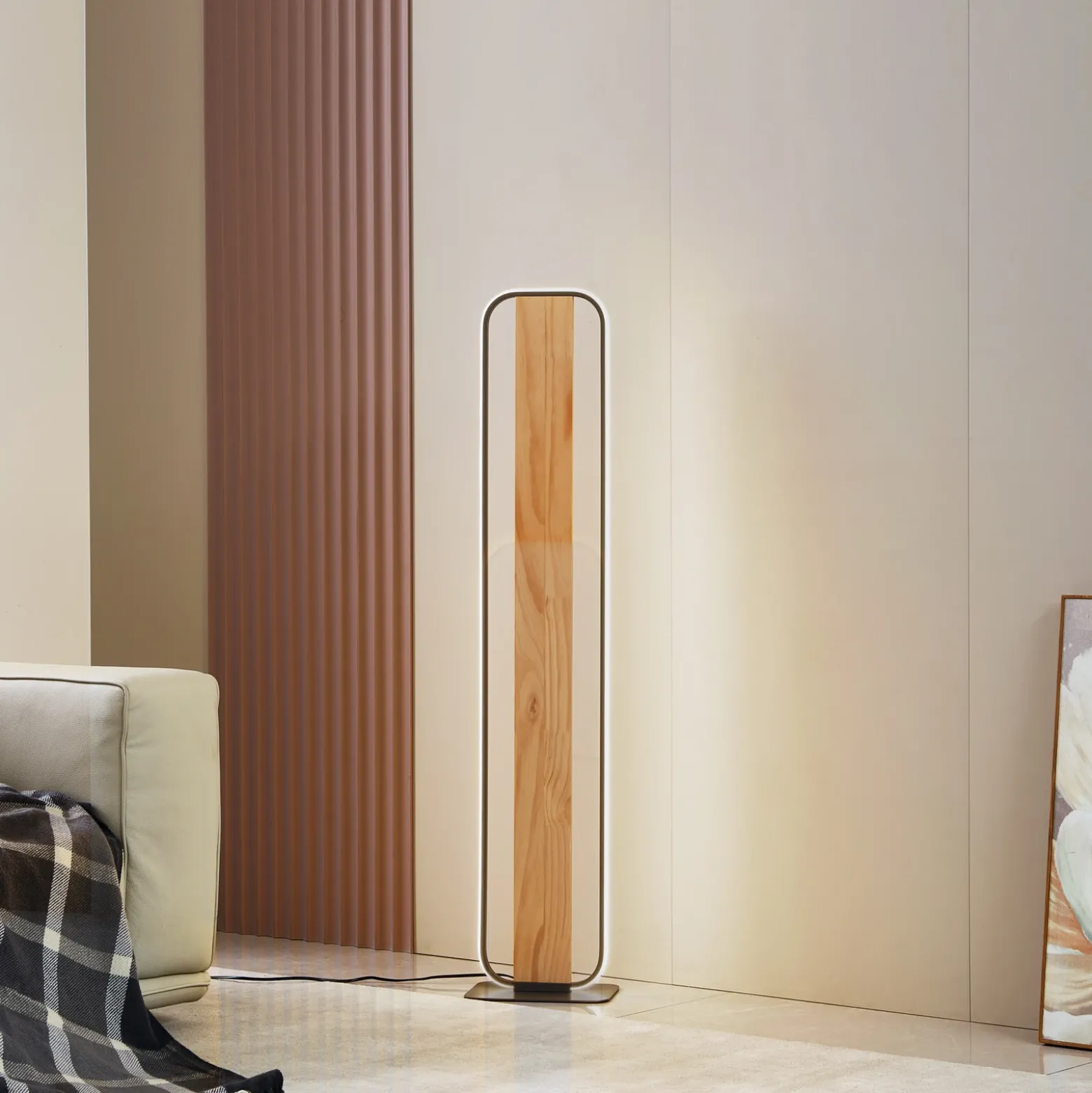 Lindby lámpara de pie LED Romilda, gris, madera, altura 122 cm