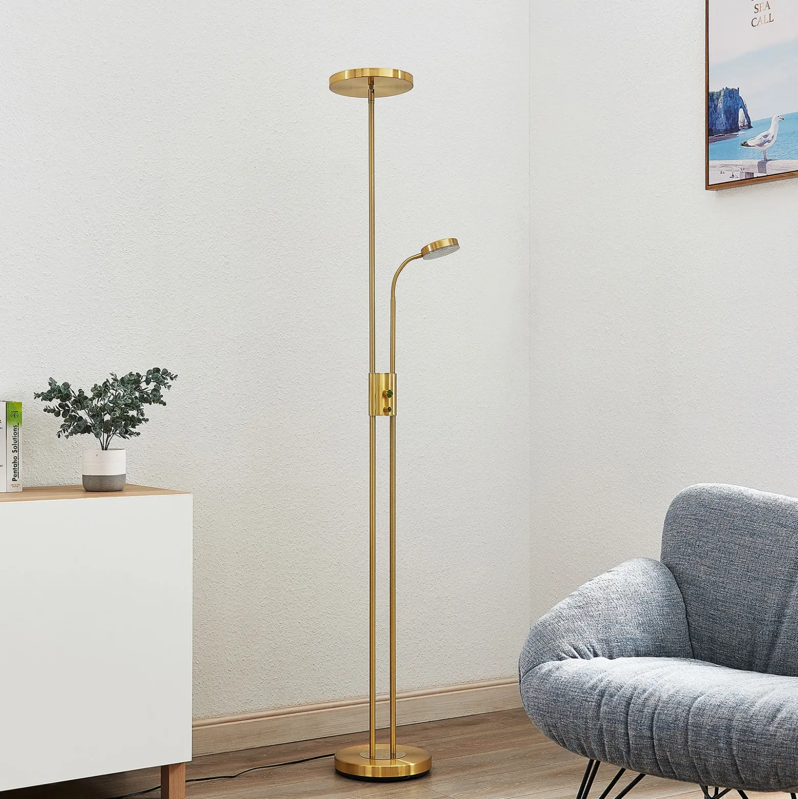 Lindby Lámpara de pie LED Seppa, redonda, latón, metal, 180 cm