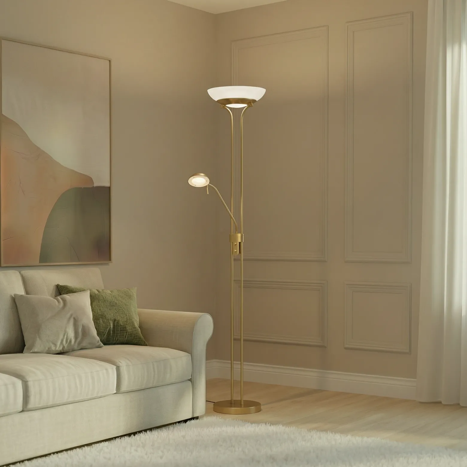 Lindby lámpara de pie LED Yveta, latón, metal, atenuable, 183cm