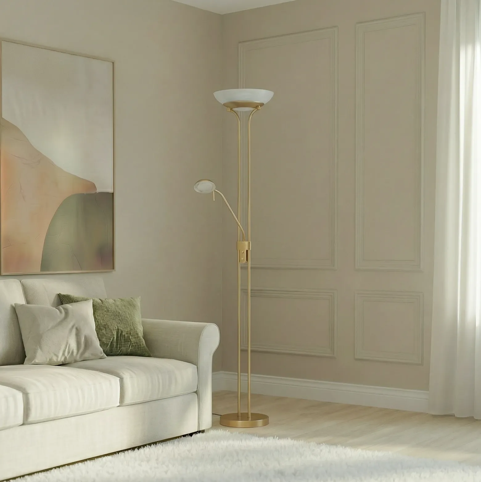 Lindby lámpara de pie LED Yveta, latón, metal, atenuable, 183cm