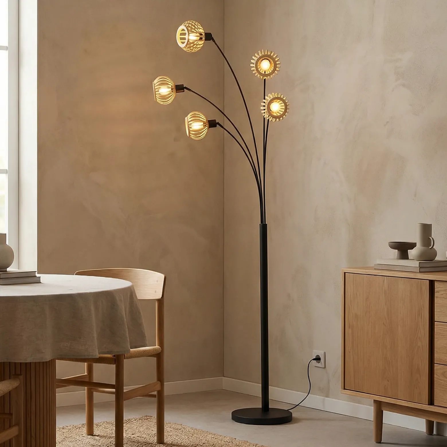 Lindby lámpara de pie Lielle, bambú natural, 5 luces, 190 cm