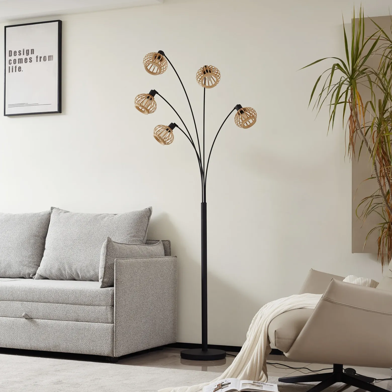 Lindby lámpara de pie Lielle, bambú natural, 5 luces, 190 cm