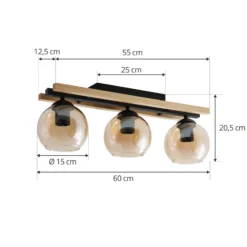 Lindby lámpara de techo Enrique, ámbar, 3 luces, cristal, madera, E27