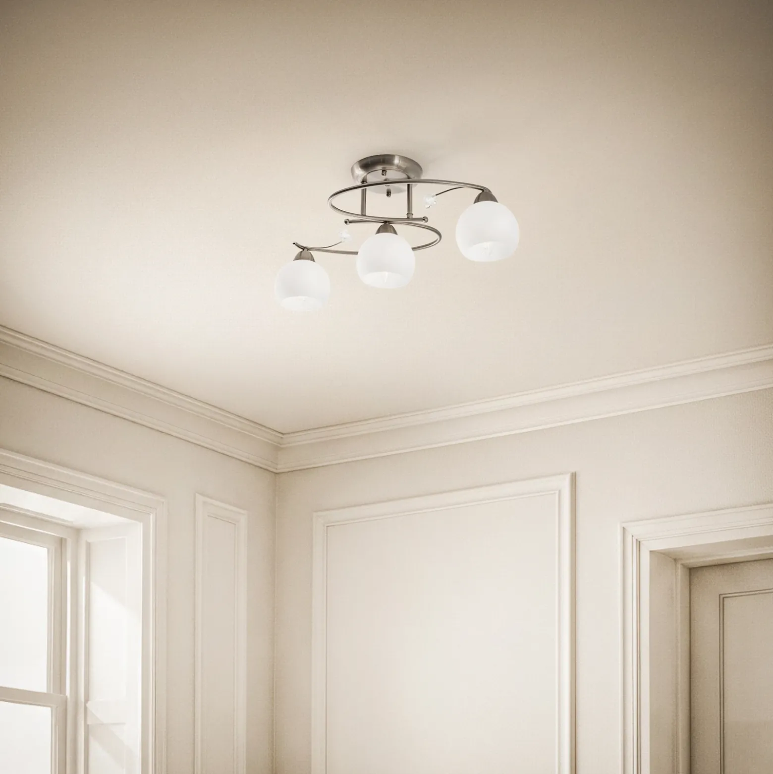 Lindby lámpara de techo Svean, 3 luces, níquel/blanco, cristal, longitud 60 cm