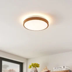 Lindby Plafón LED Mendosa, redondo, madera clara, Ø 29cm