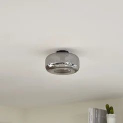 Lindby Plafon Hildur, Ø 28,5 cm, gris humo, cristal