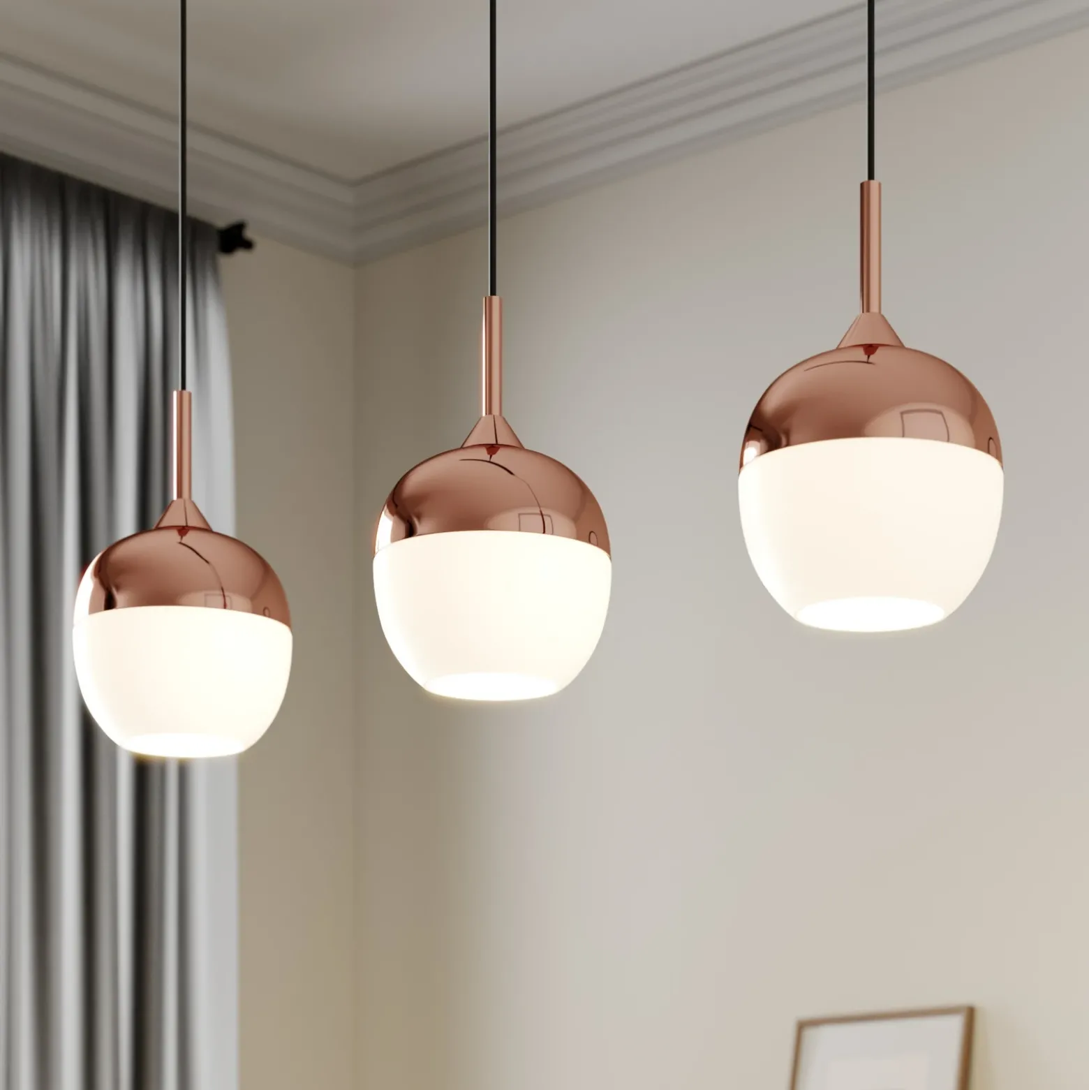 Lindby Rangina lámpara colgante, 100 cm, cobre, 3 luces, cristal