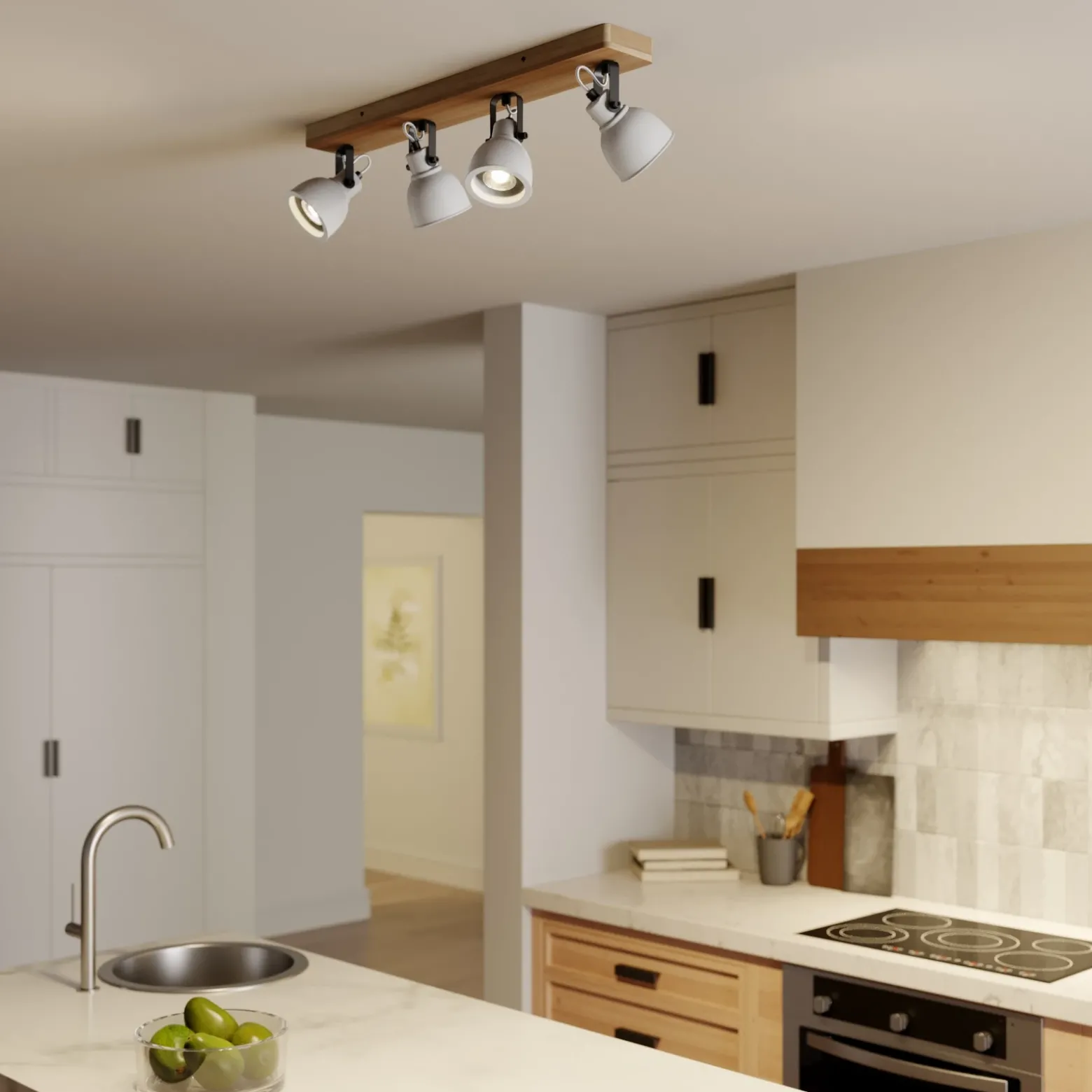 Lindby Spot Mitis, 70 cm, 4 luces, gris, madera, hormigón, GU10