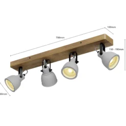 Lindby Spot Mitis, 70 cm, 4 luces, gris, madera, hormigón, GU10