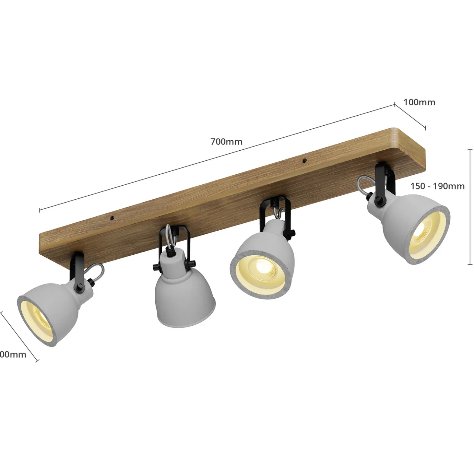 Lindby Spot Mitis, 70 cm, 4 luces, gris, madera, hormigón, GU10
