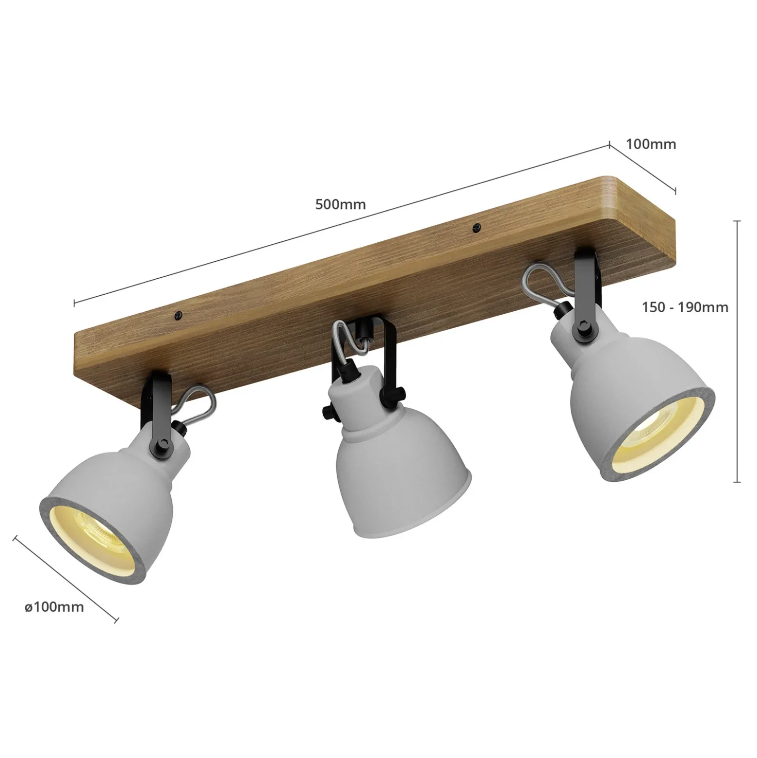 Lindby Spot Mitis, 50 cm, 3 luces, gris, madera, hormigón, GU10