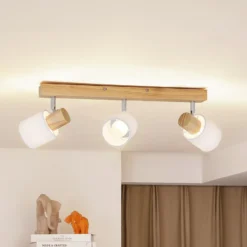 Lindby Wanessa downlight de techo, 47cm, 3 luces, blanco, madera, E14