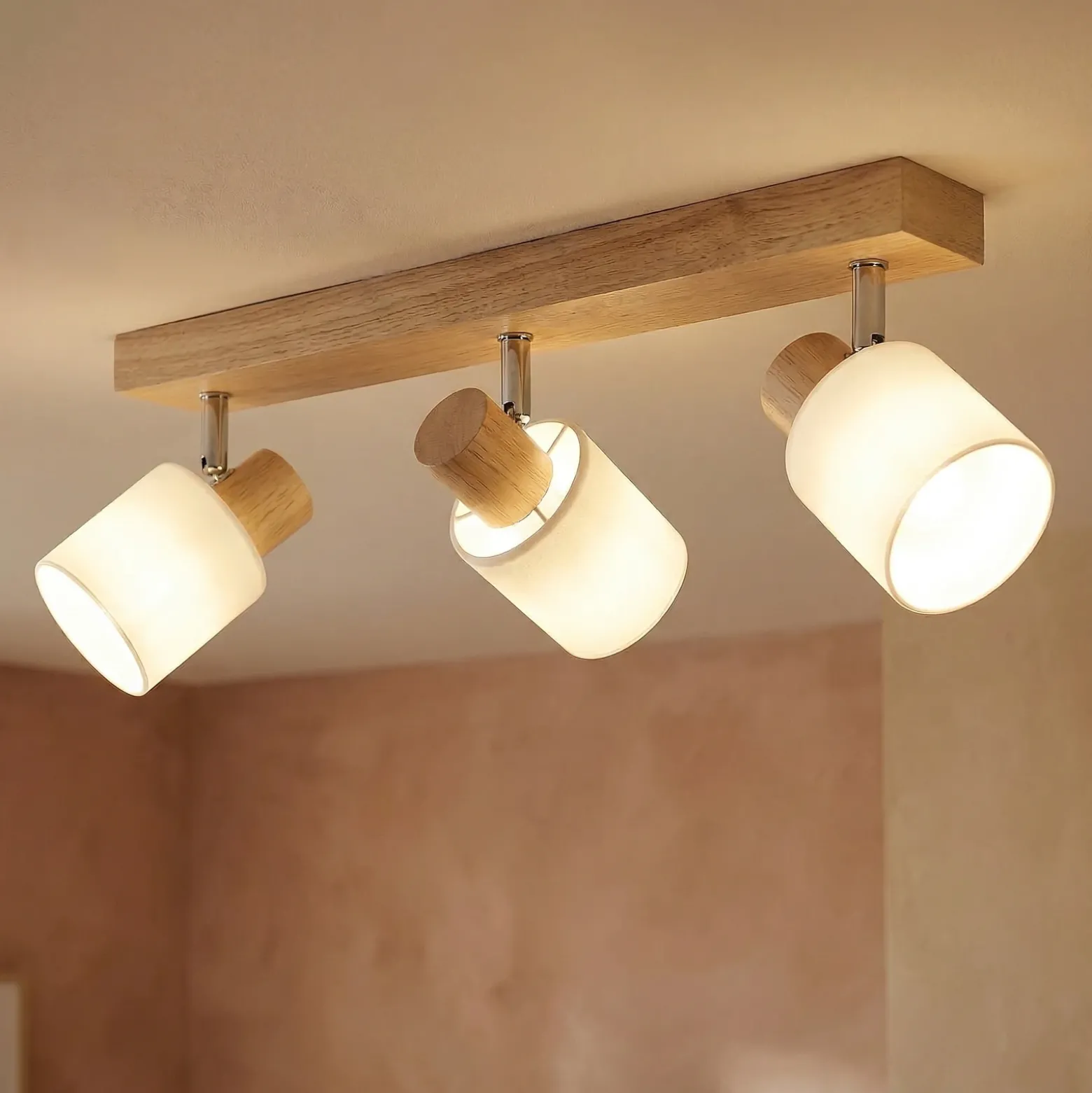 Lindby Wanessa downlight de techo, 47cm, 3 luces, blanco, madera, E14
