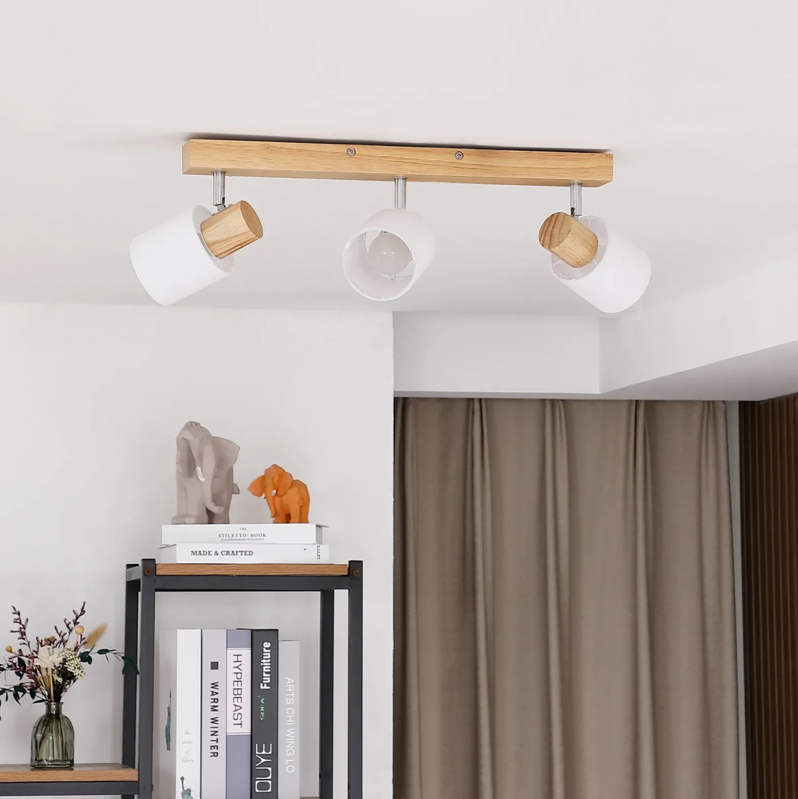 Lindby Wanessa downlight de techo, 47cm, 3 luces, blanco, madera, E14