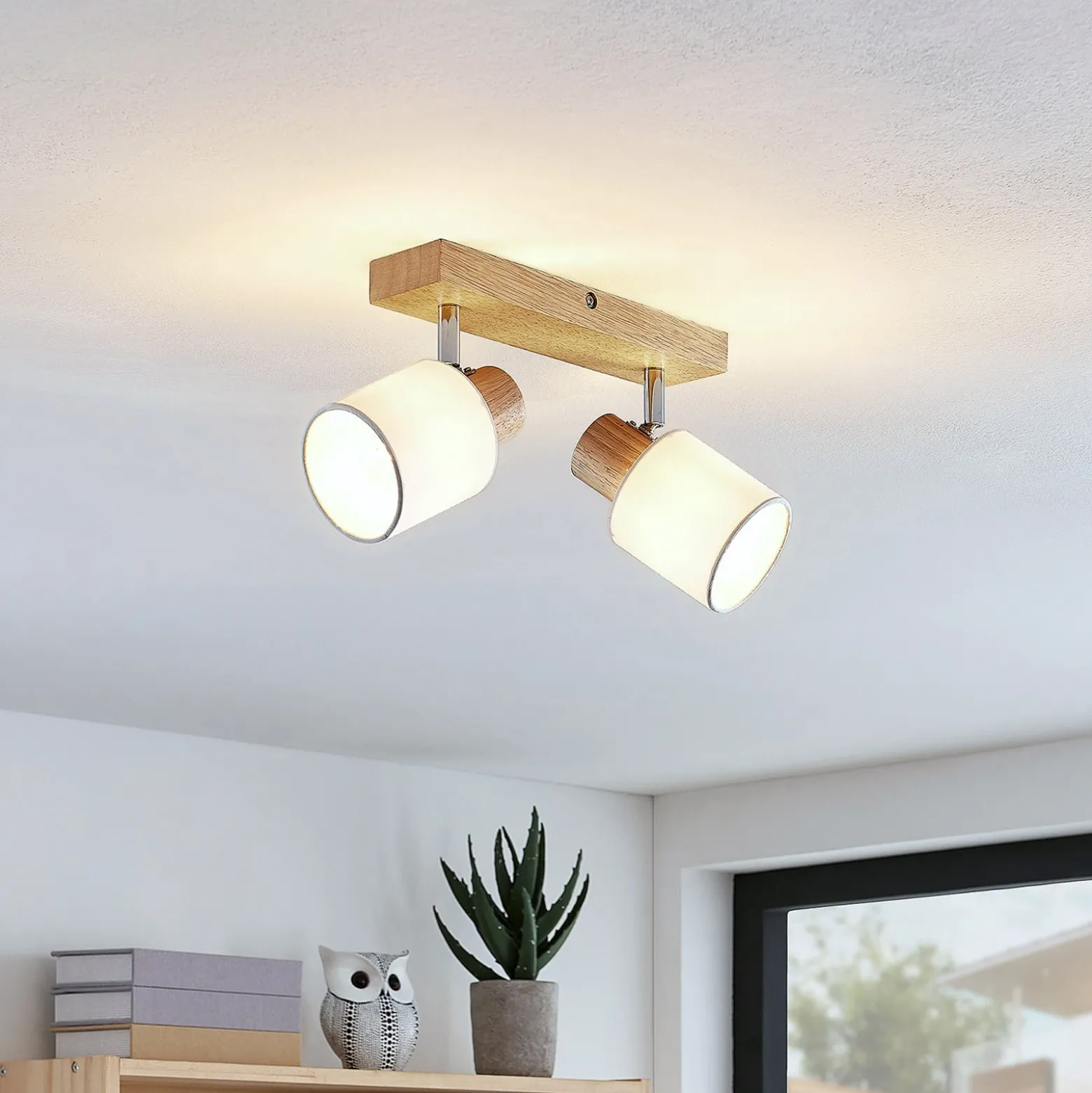 Lindby Wanessa downlight de techo, 39cm, 2 luces, madera, blanco, E14