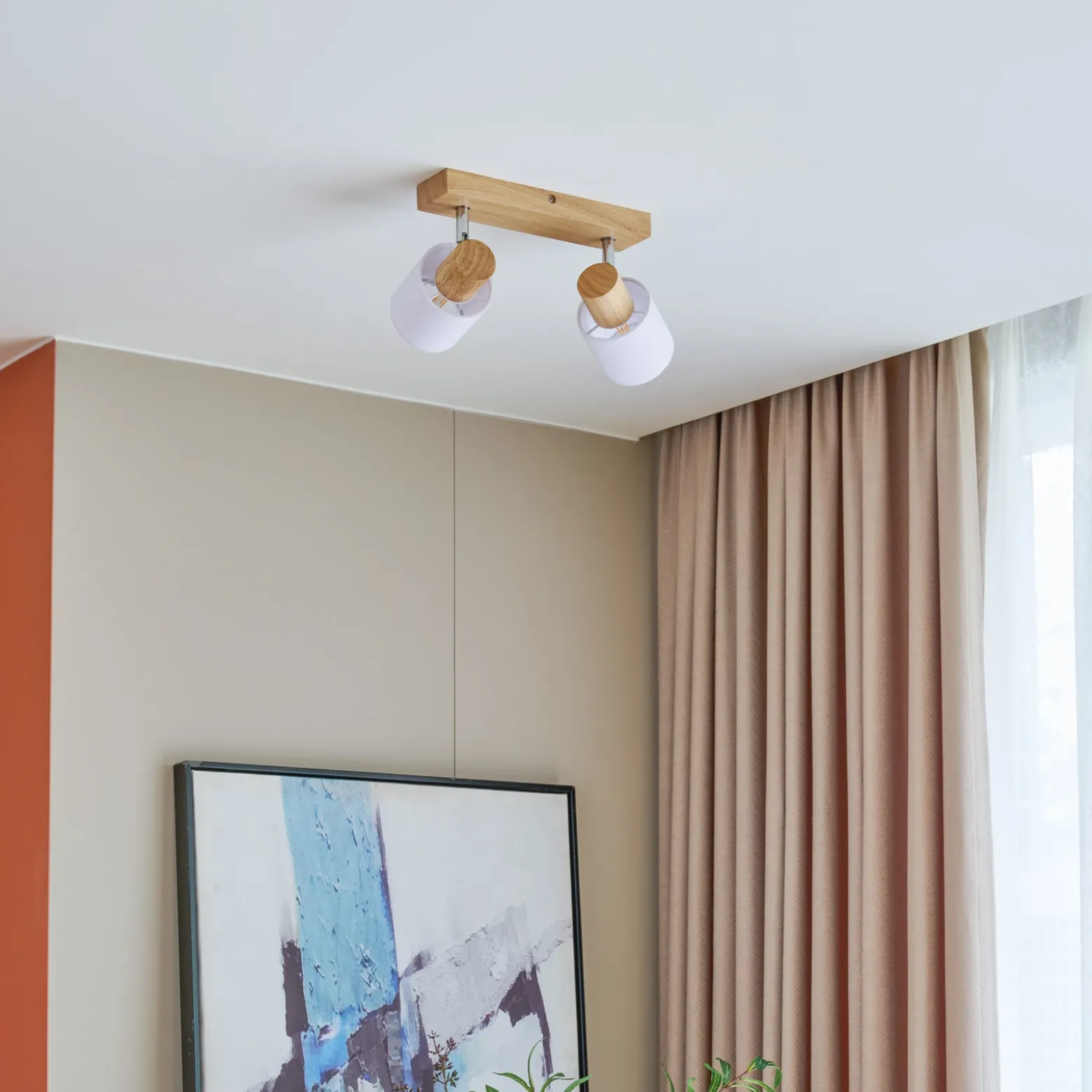 Lindby Wanessa downlight de techo, 39cm, 2 luces, madera, blanco, E14