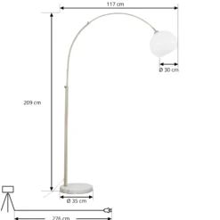 Lámpara arqueada Lindby Alverton, blanco/níquel, cristal, 197 cm