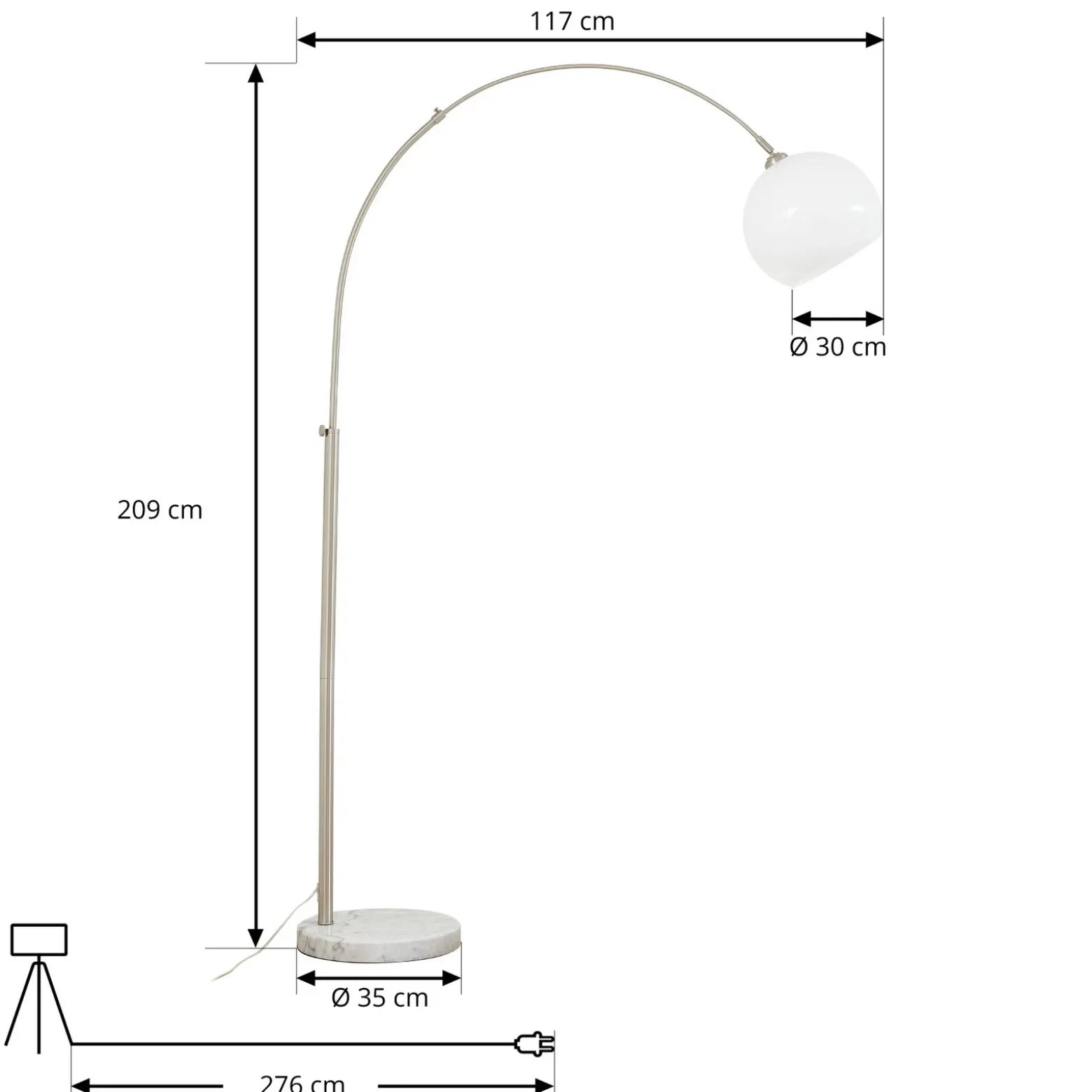 Lámpara arqueada Lindby Alverton, blanco/níquel, cristal, 197 cm