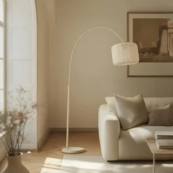 Lámpara arqueada Lindby Helin, beige, textil, altura 198,5 cm