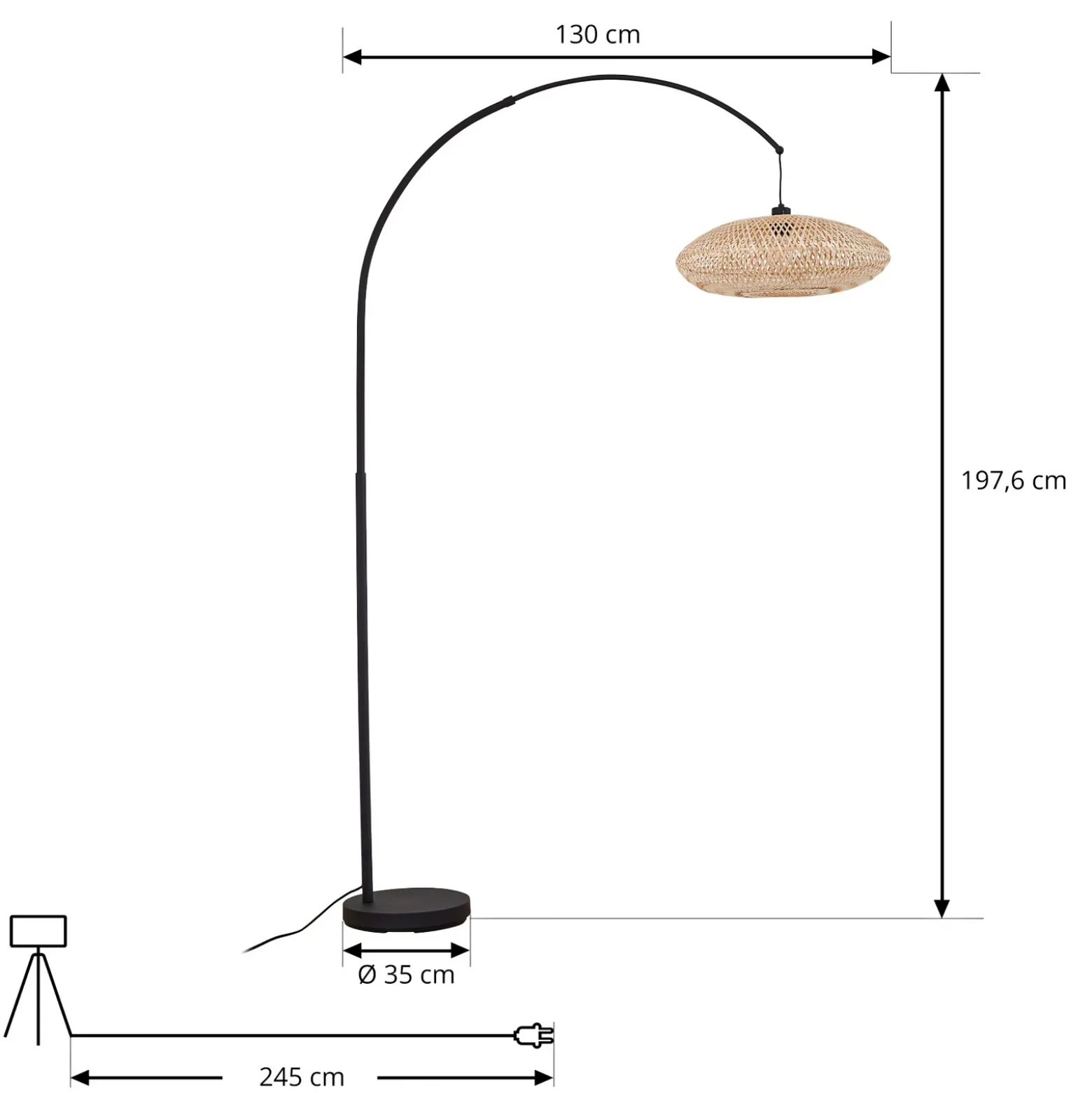 Lámpara arqueada Lindby Solvian, negro/natural, bambú, metal