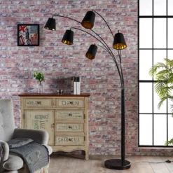 Lámpara arqueada Lindby Tinne, negro/dorado, mármol, 5 luces, E14