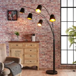 Lámpara arqueada Lindby Tinne, negro/dorado, mármol, 5 luces, E14