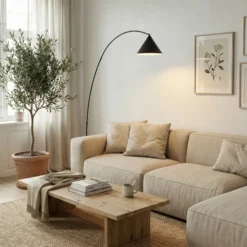 Lámpara arqueada Lindby Triangolo, negra, altura 195 cm, metal E27