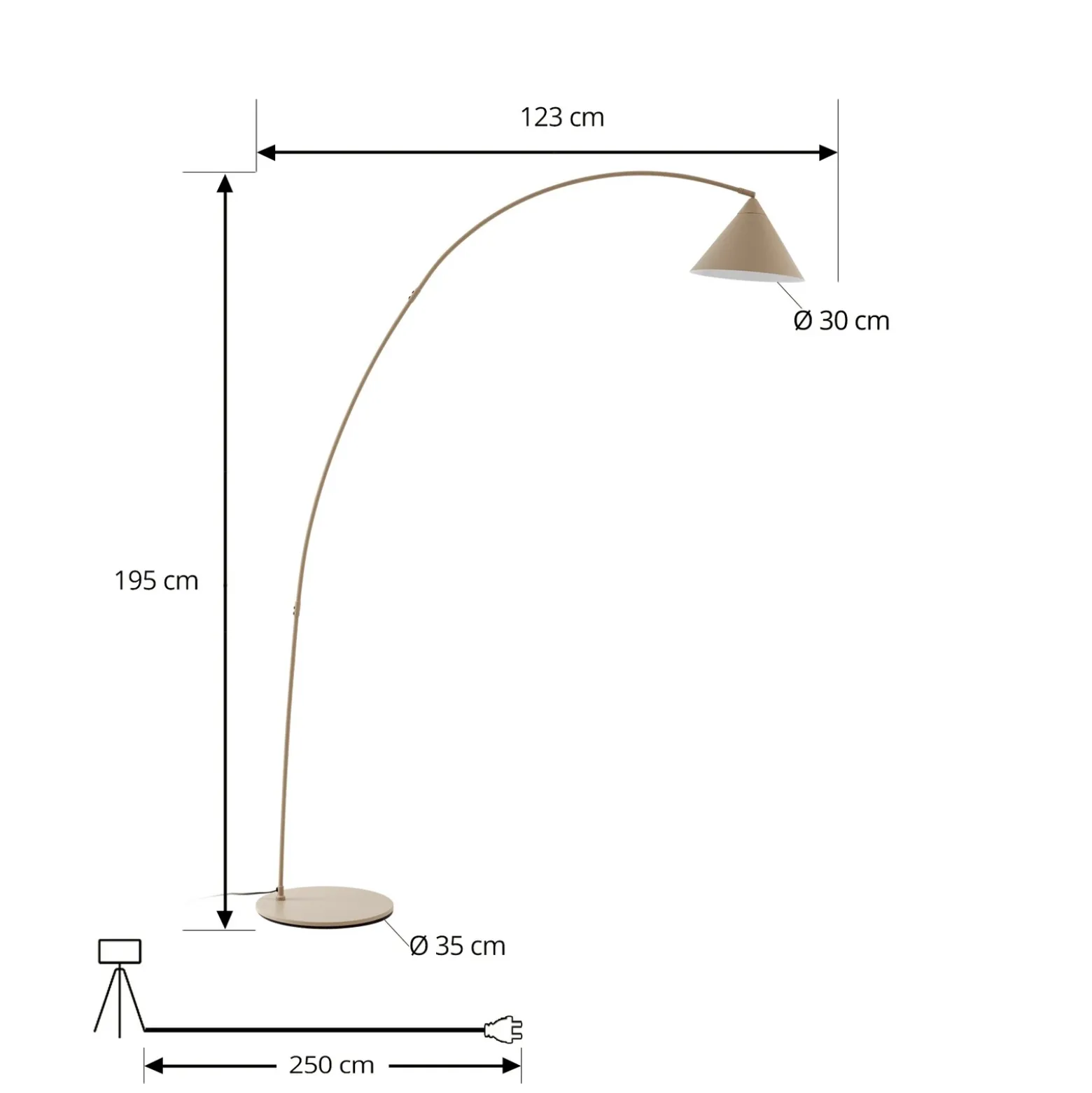 Lámpara arqueada Lindby Triangolo, beige, altura 195 cm, metal, E27