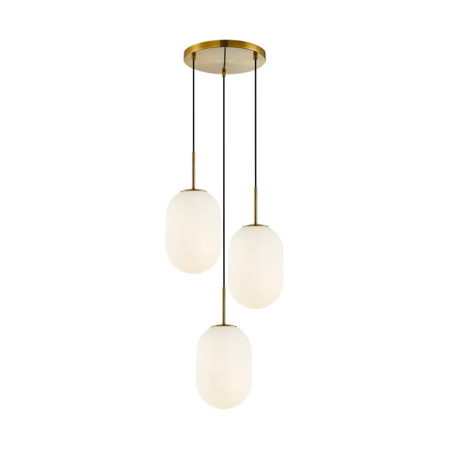 Lámpara colgante Alias, metal dorado, cristal opalino, 3 luces redonda