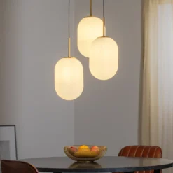 Lámpara colgante Alias, metal dorado, cristal opalino, 3 luces redonda