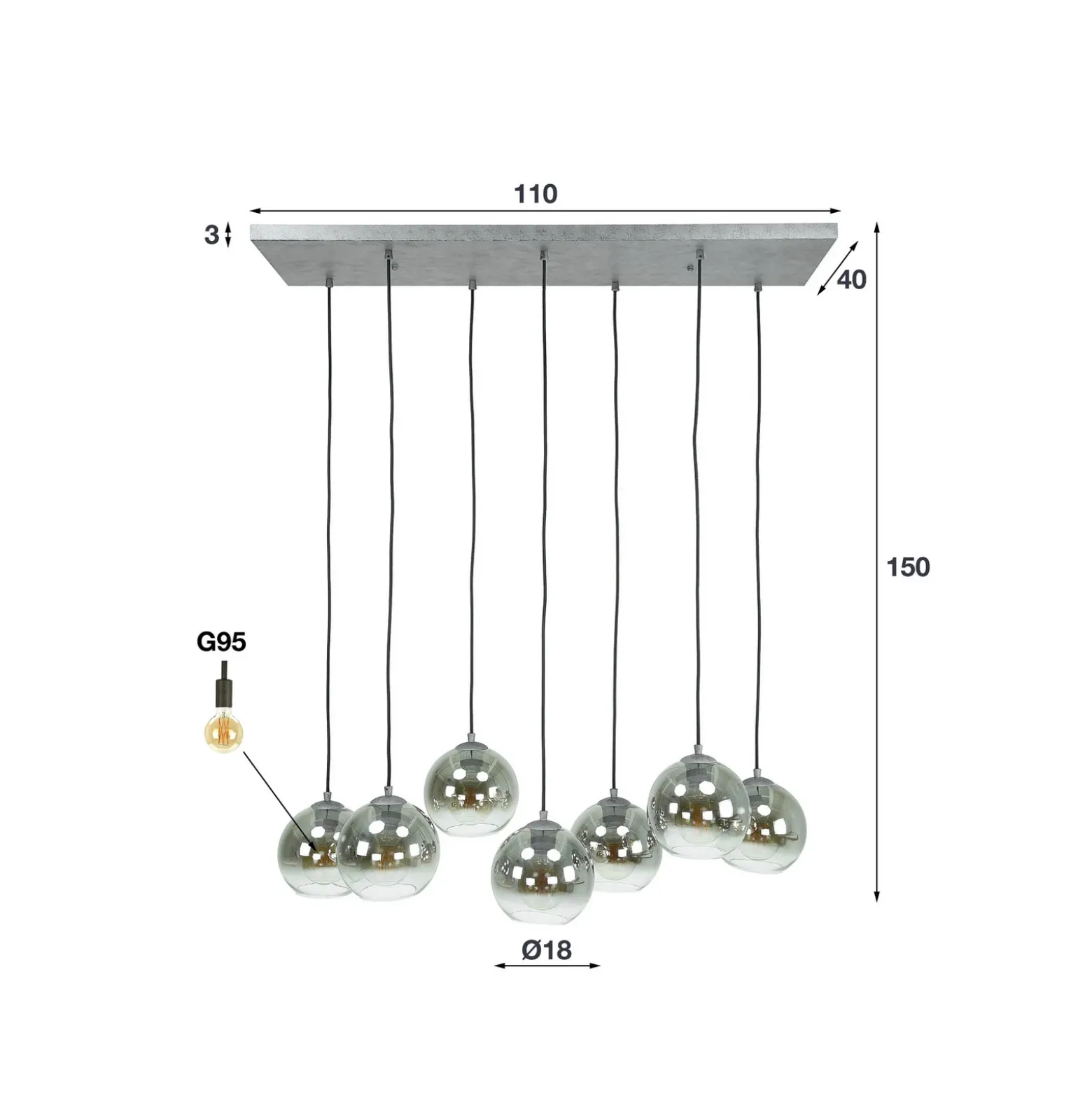 Lámpara colgante Allessandra, 7 luces, Ø 18 cm, gris ahumado, cristal