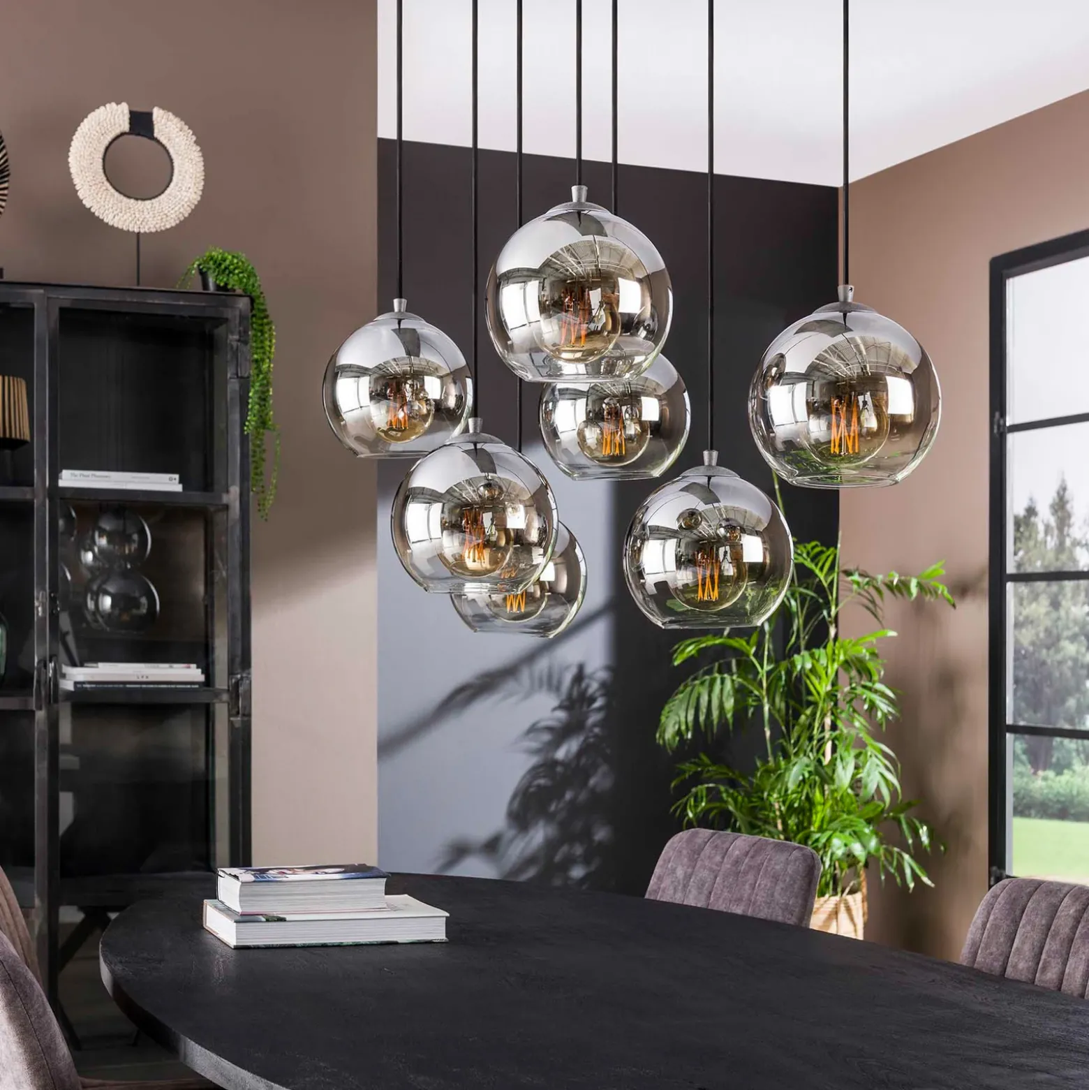Lámpara colgante Allessandra, 7 luces, Ø 18 cm, gris ahumado, cristal