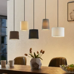 Lámpara colgante Amilia de Lindby, tela, 5 luces, gris/beige, E27