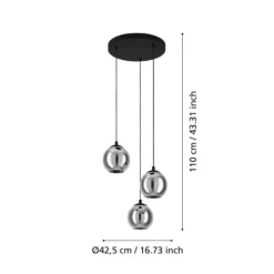 Lámpara colgante Ariscani, gris humo, Ø 43 cm, 3 luces, cristal, E27
